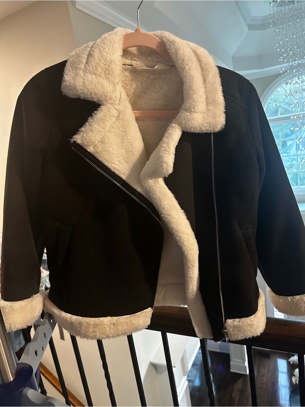 H&M Black Teddy Jacket with Cream Faux-Shearling Trim